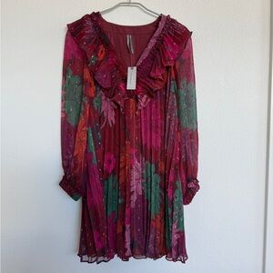 Anthropologie Floral Long Sleeve Pleated Dress